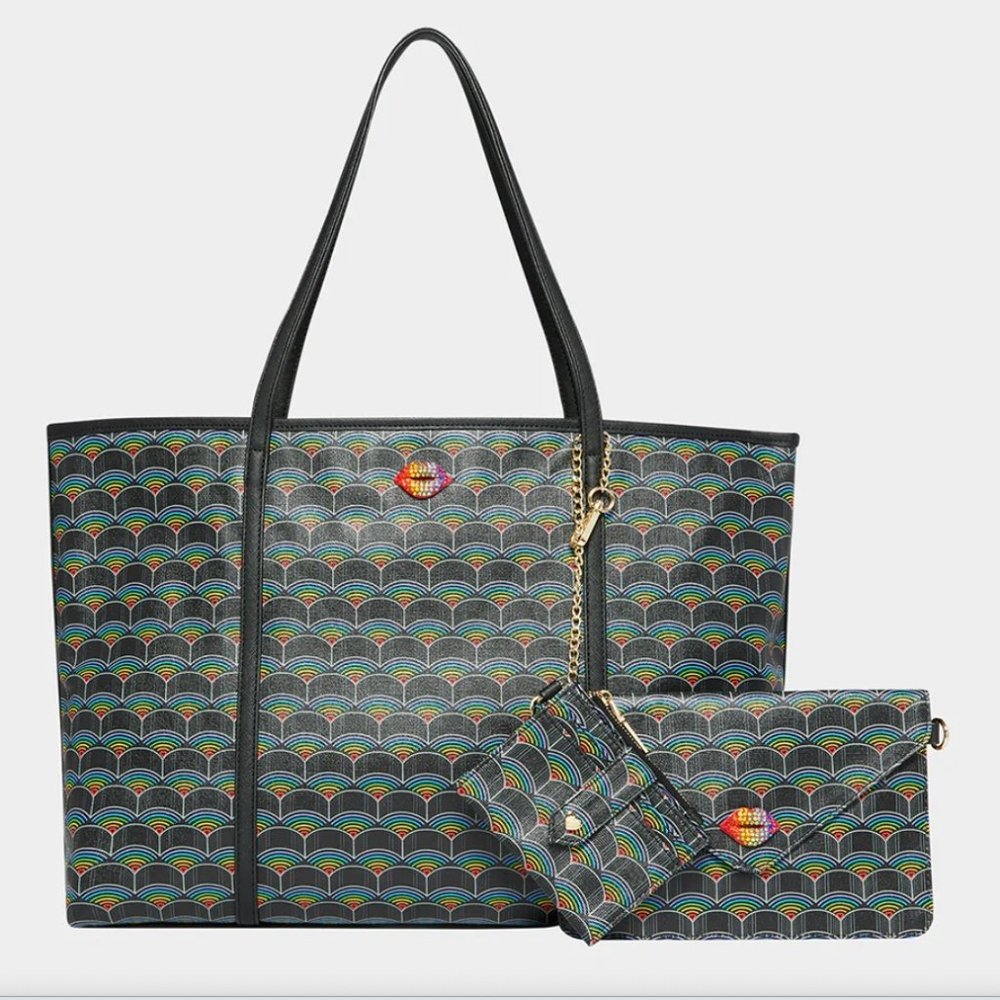 Betsey Johnson XO Tote shoulder bag w/wristlet & wallet Rainbow Gem lips